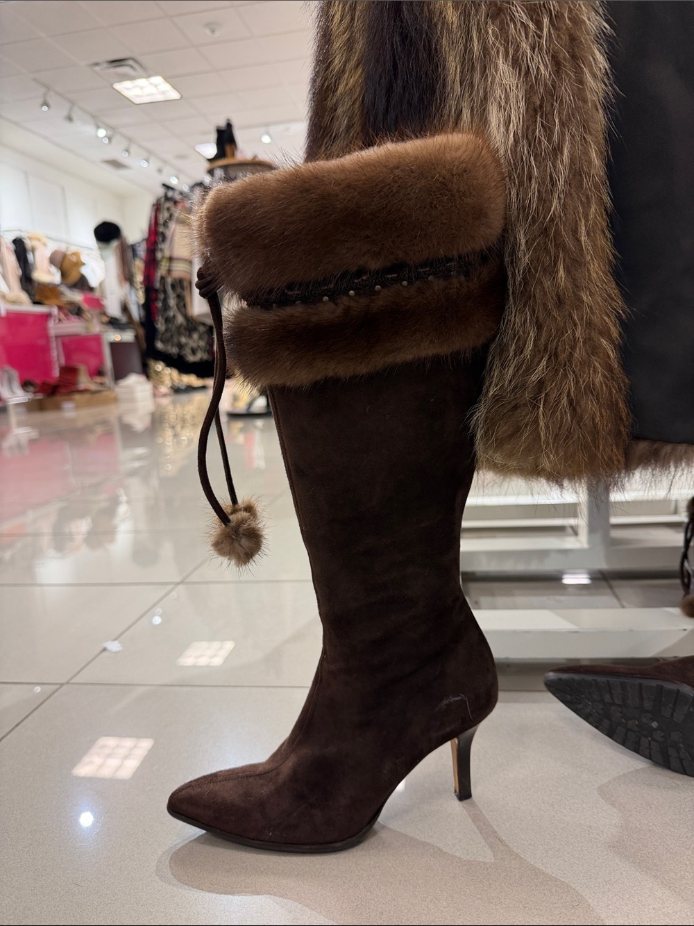 Cole Haan Dark Brown Suede Knee-High Boot with Fur Cuff